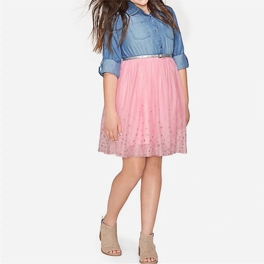 Girls Justice Denim Tulle Dress Sz 8 Sparkle Hearts Long Sleeve